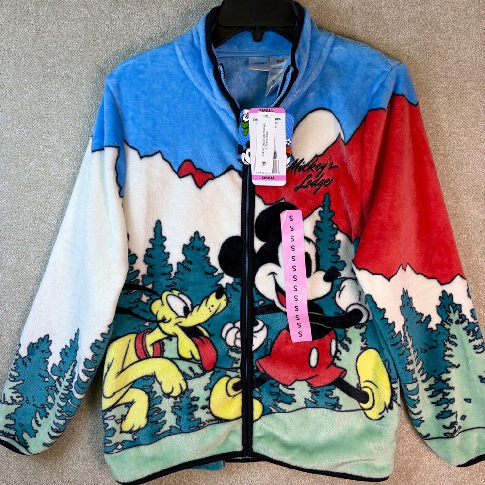 Disney Mickey Mouse‎ Full Zip Sherpa Jacket Women Small Mickey's Lodges AOP NEW